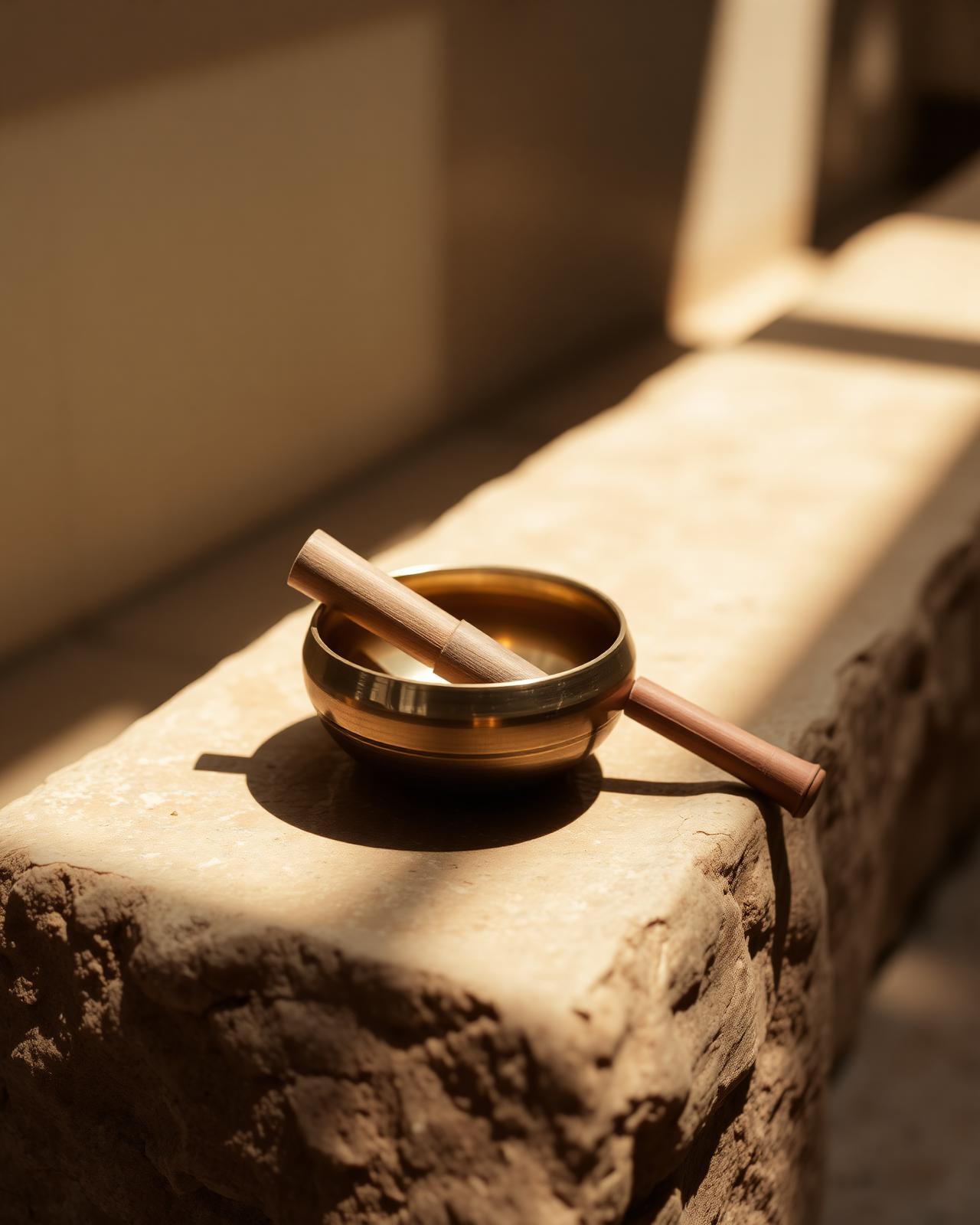 A brass singing bowl with a wooden mallet on warm stone